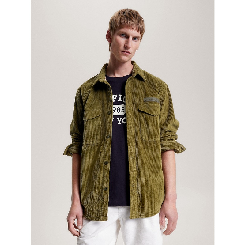 Tommy Hilfiger Mens Corduroy  Button Front Overshirt Sweater Green Medium