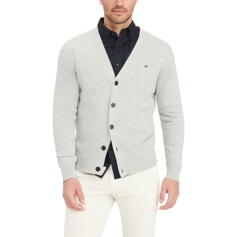Tommy Hilfiger Mens Essential Embroidered Logo Cardigan Sweater Light Grey Small