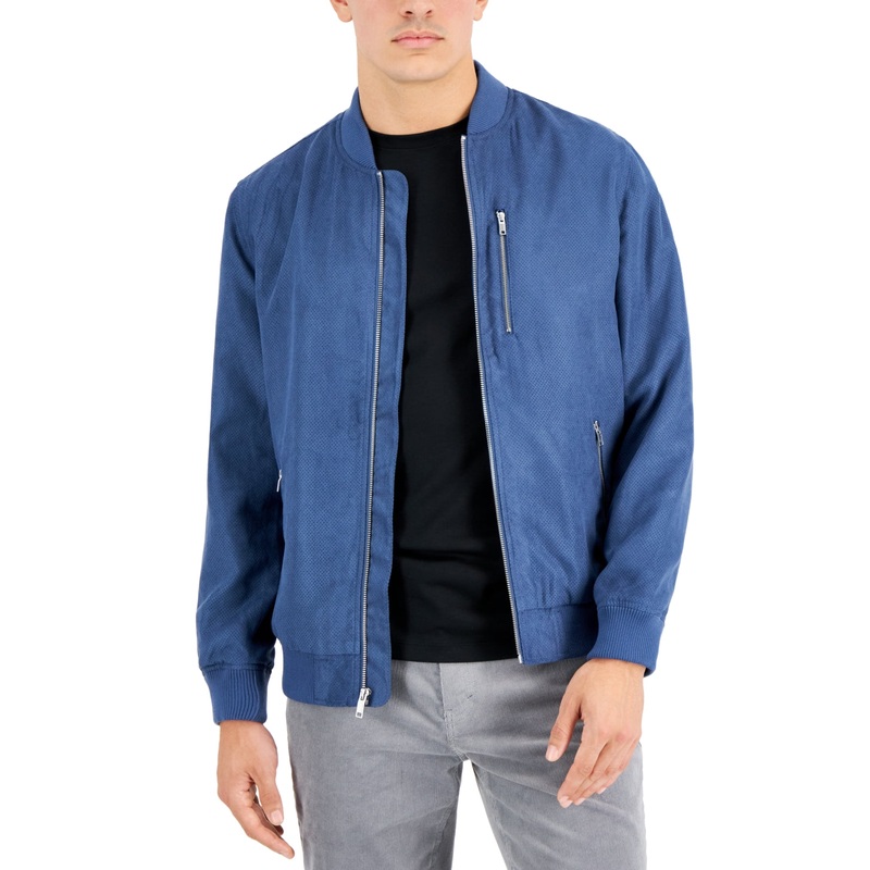 Alfani Mens Faux Suede Perforated Bomber Jacket Coat Blue XL