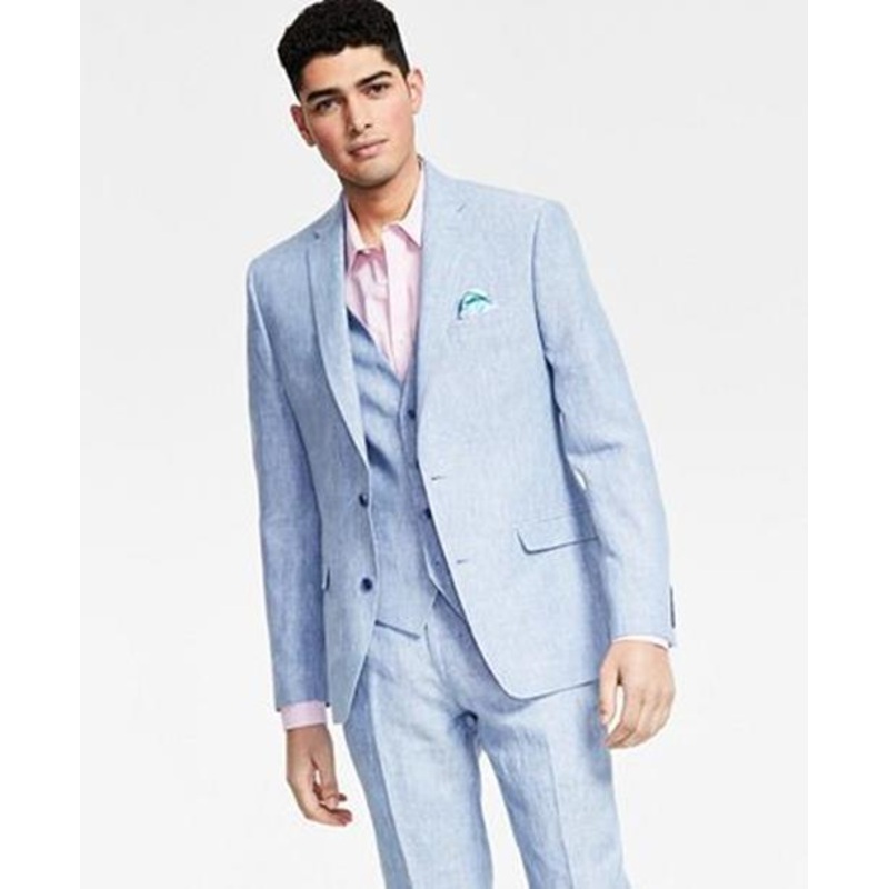 Bar III Men's Suit Jacket 46R Slim Fit Linen Light Blue Chambray Two Button