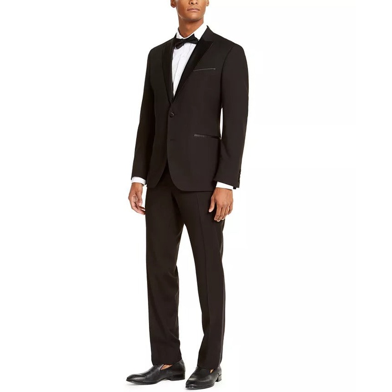 Kenneth Cole Reaction Men's Slim-Fit Stretch Black Peak Tuxedo Suit 44L 37 x 32