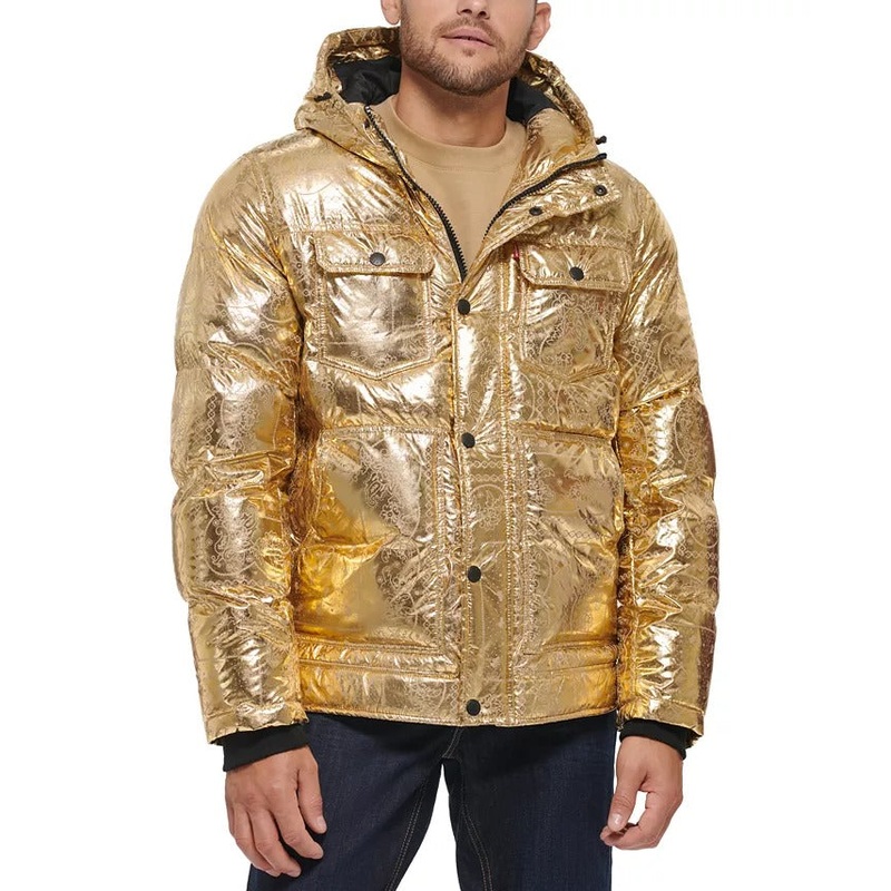 Levis Mens Quilted Hood Gold Bandana Puffer Jacket Coat  Small