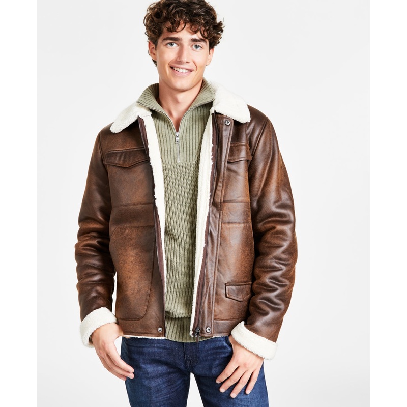 Native Youth Men's Faux Shearling Jacket Coat Brown Small