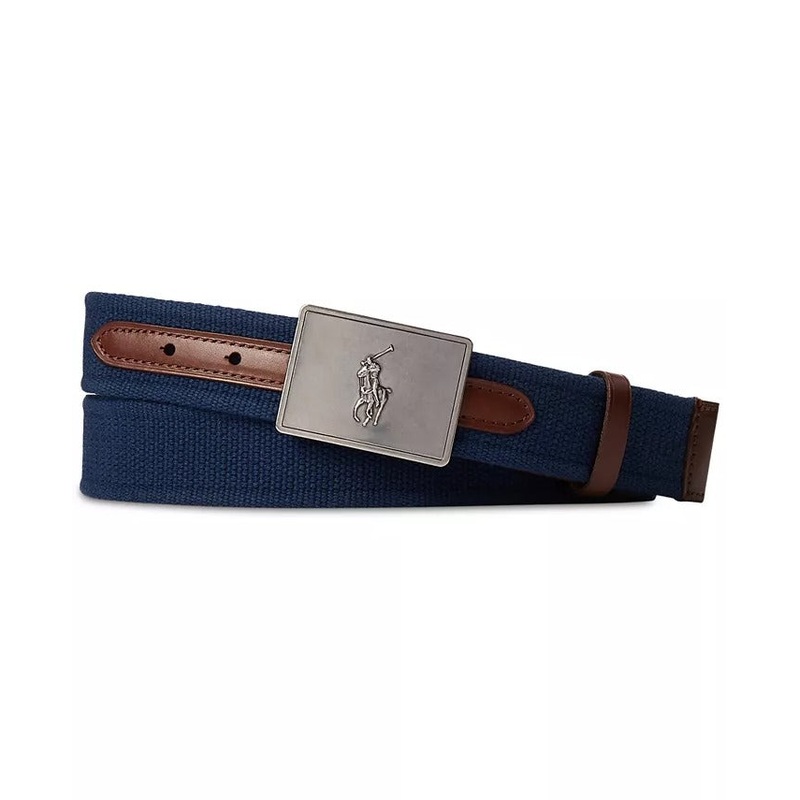 Polo Ralph Lauren Men's Pony Plaque Canvas Leather Belt Navy Blue Brown Size 32