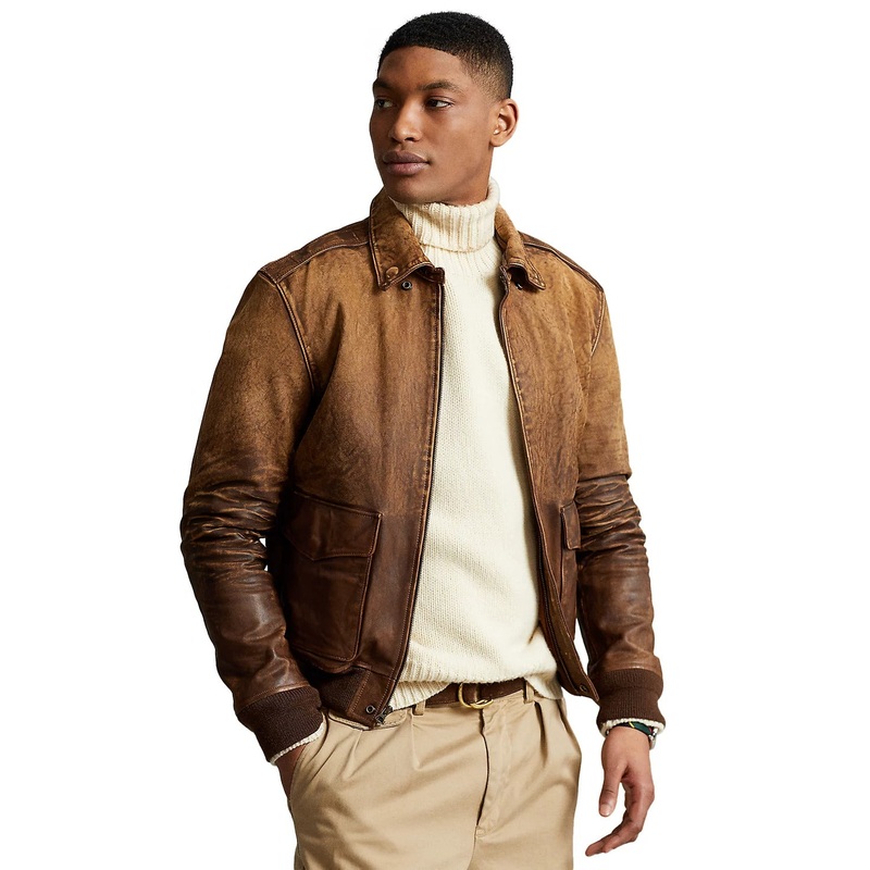 Polo Ralph Lauren Mens Leather Flight Jacket Coat Brown XL