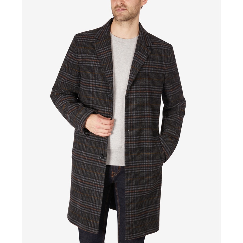 Tommy Hilfiger Men's Addison Wool Blend Trim Fit Overcoat Jacket Grey Plaid 40S