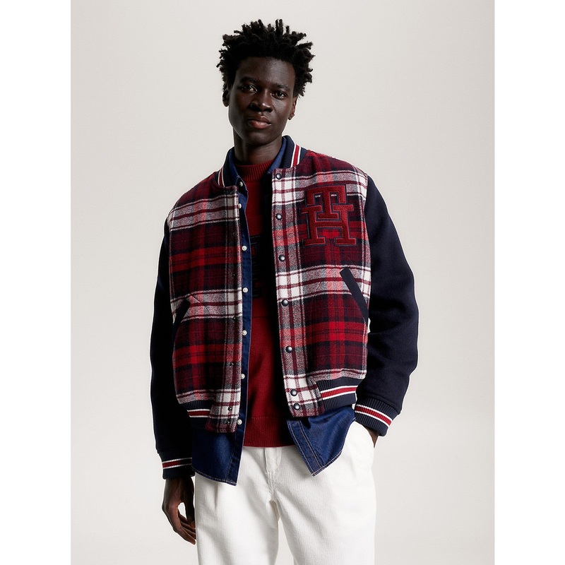 Tommy Hilfiger Men's Deep Rouge Tartan Varsity Jacket Medium Red Blue