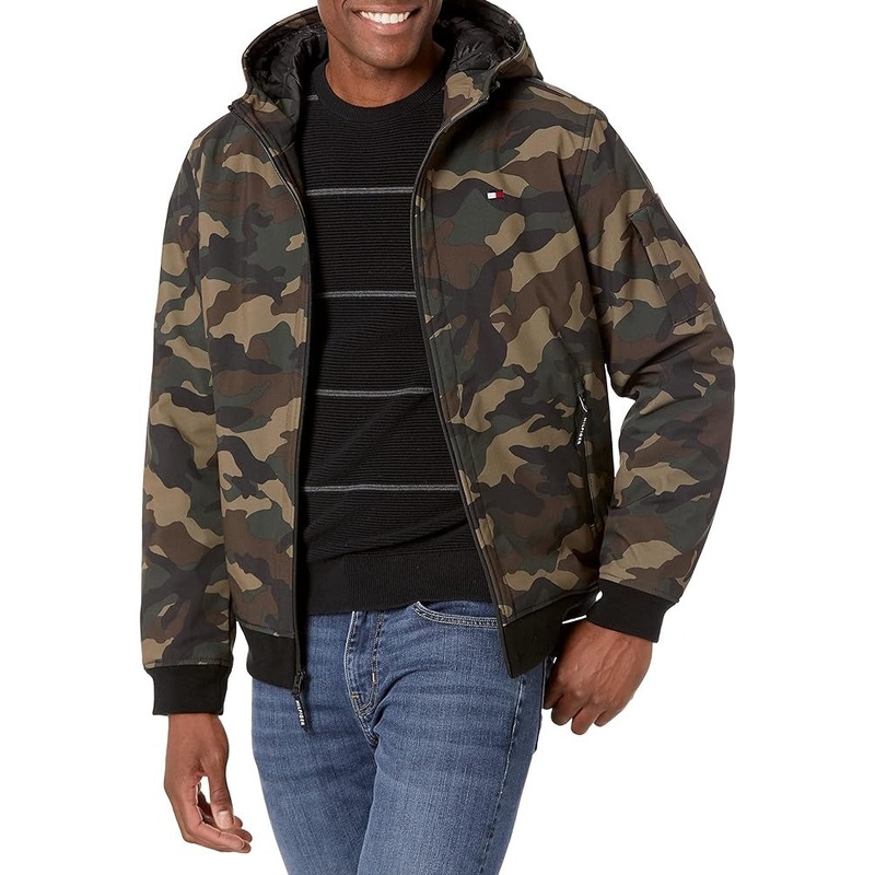 TOMMY HILFIGER Men's Sherpa-Lined Softshell Hooded Jacket Medium Green Camo