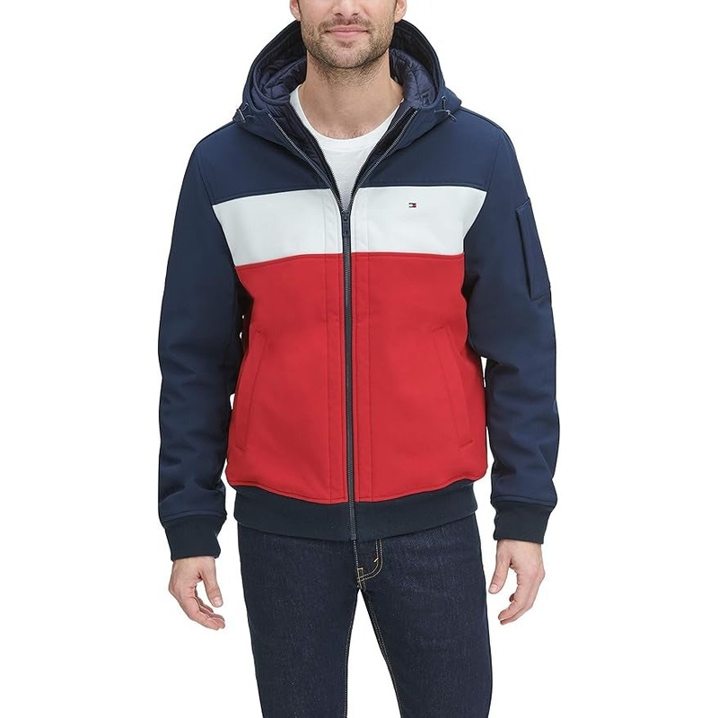 Tommy Hilfiger Mens Soft Shell Hooded Bomber Jacket Coat with Bib Blue Red Small