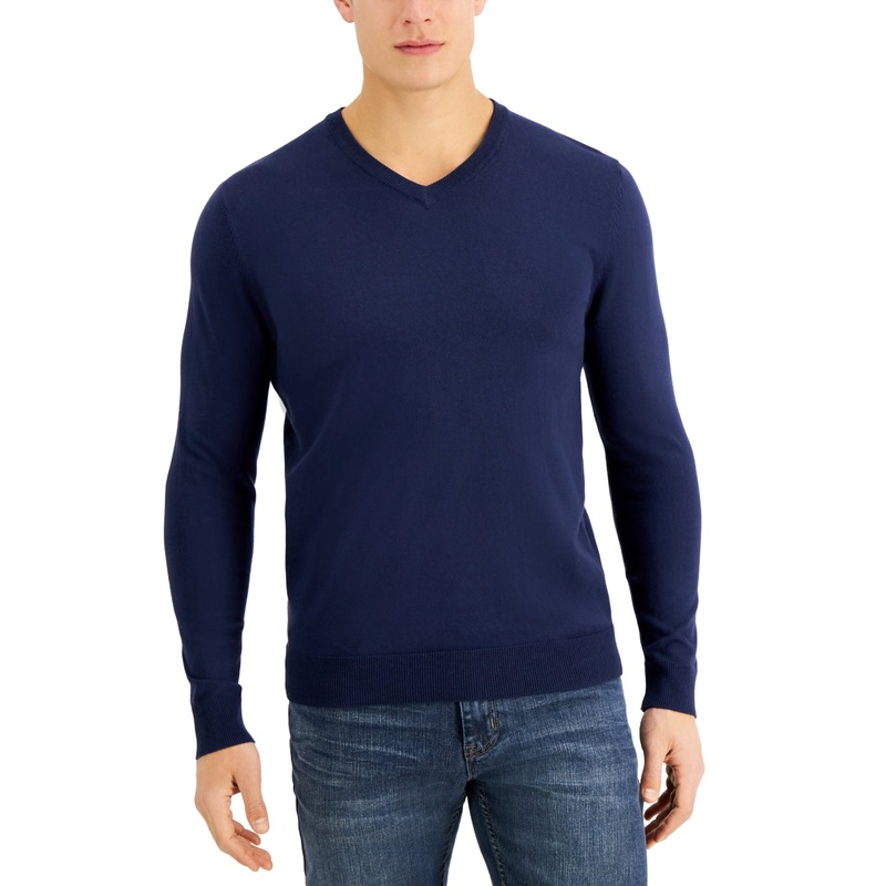 Alfani Mens Solid V Neck Cotton Sweater Neo Navy Blue 3XL