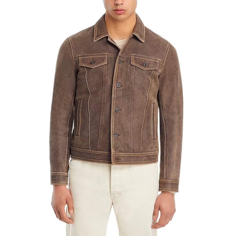 John Varvatos Andrew Leather Trucker Jacket EU 48 US 38 Distressed Brown