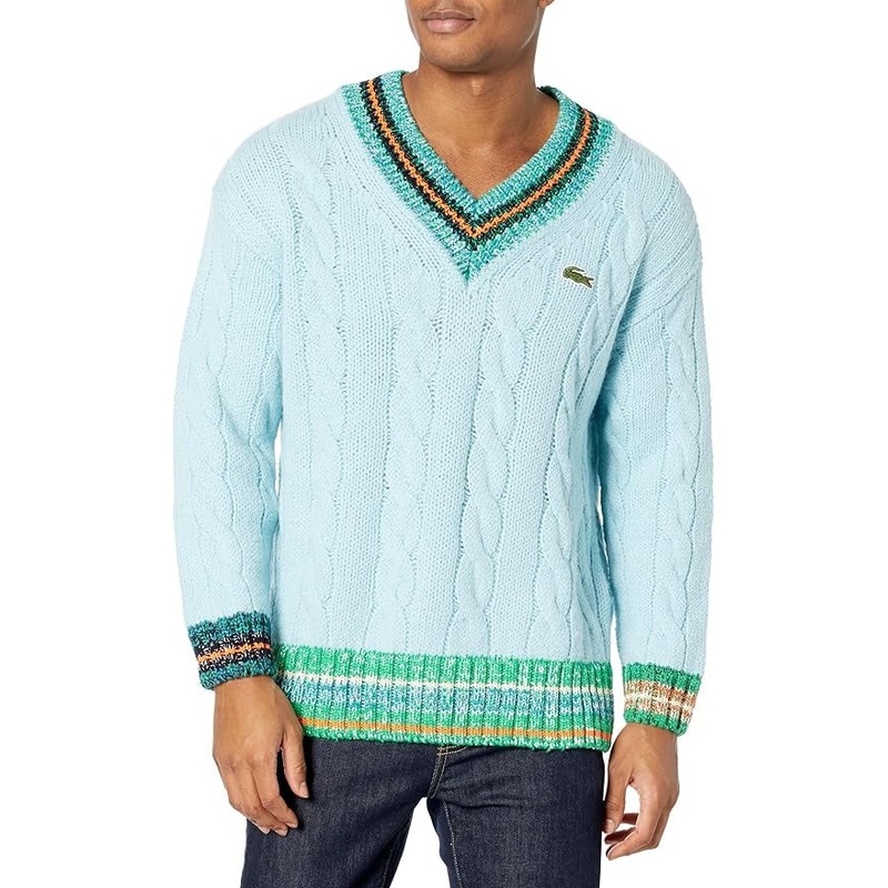 Lacoste Men's Long Sleeve V-Neck Colorblock Cableknit Cricket Sweater Large Blue