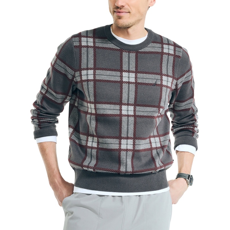 Nautica Men's Navtech Plaid Jacquard Crewneck Sweater Carbon Grey Large