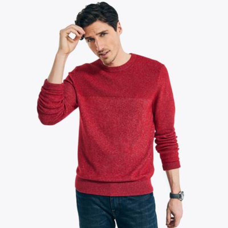Nautica Men's Textured Knit Crewneck Sweater Tango Red Medium