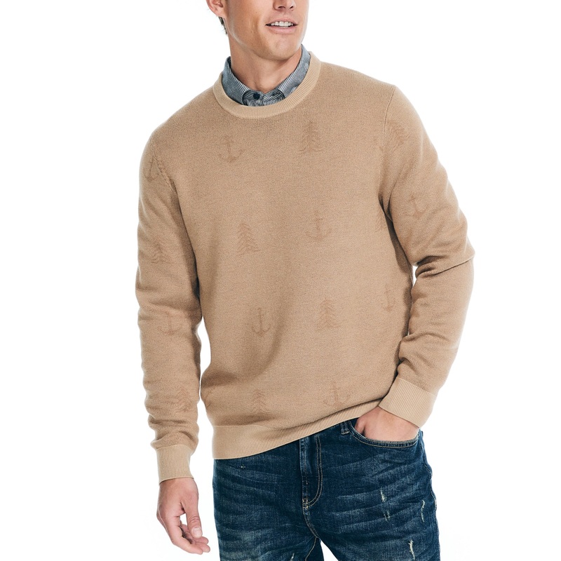 Nautica Mens Birdseye Jacquard Crewneck Sweater Tannin Brown Large