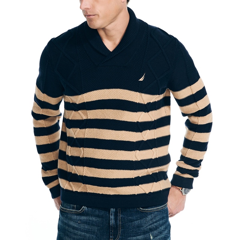 Nautica Mens Shawl Neck Striped Cable Sweater Navy Seas Blue Beige XL