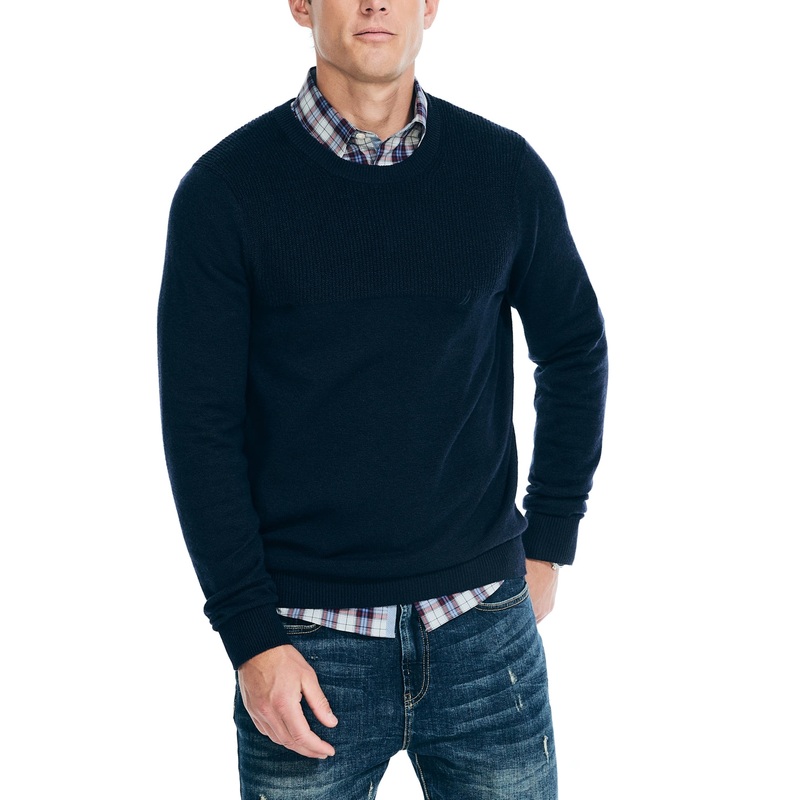 Nautica Mens Textured Knit Crewneck Sweater Navy Blue Medium