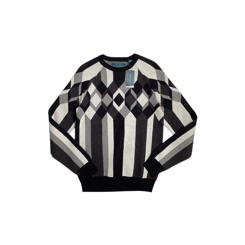 Perry Ellis Mens Color Block V Neck Sweater Black White Small