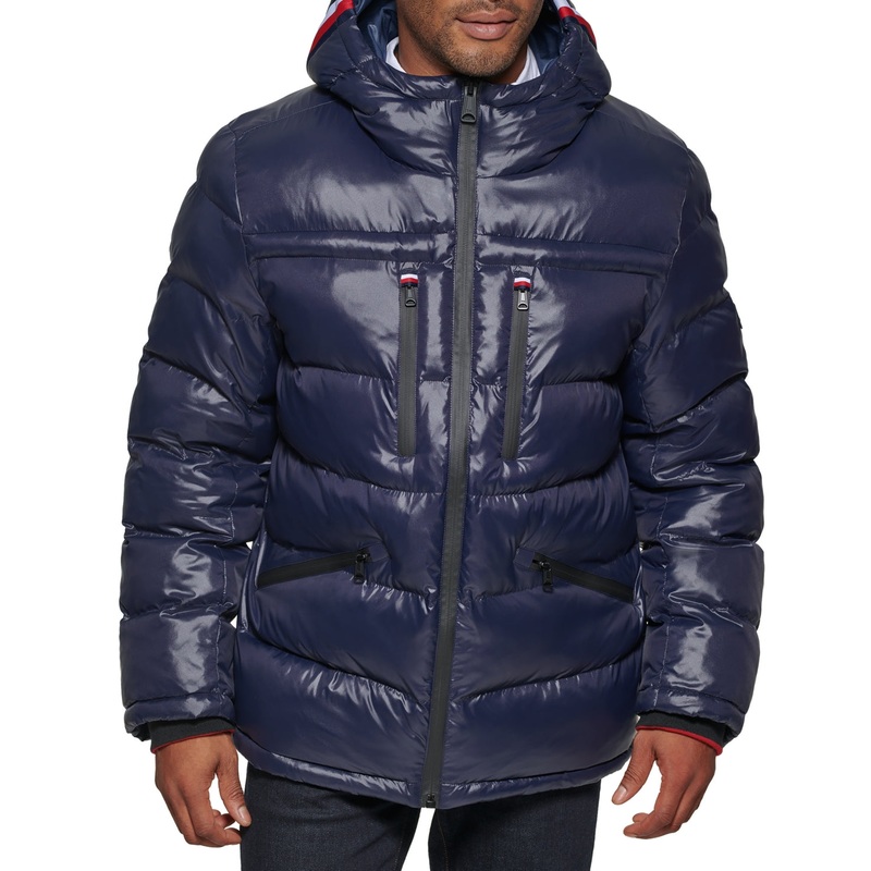 Tommy Hilfiger Men's Fashion Shine Quilted Hooded Puffer Jacket Navy Medium