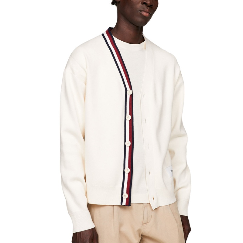 Tommy Hilfiger Men's Stripe Collar Cardigan Sweater Classic White Medium
