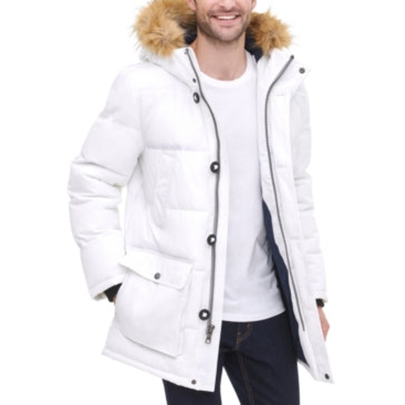 Tommy Hilfiger Mens Artic Faux Fur Long Snorkel Coat White Medium