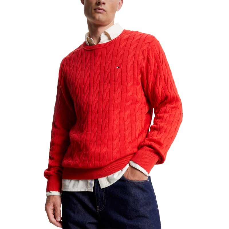 Tommy Hilfiger Mens Classic Cable Crewneck Sweater Fireworks Red Large