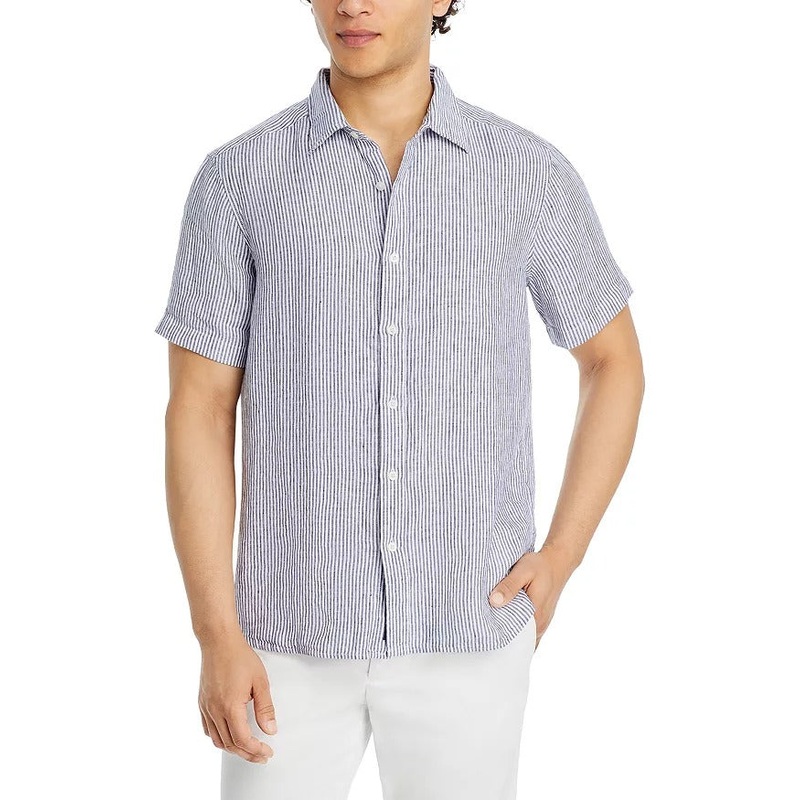 Vineyard Vines Stripe Mens Linen Short Sleeve Button Down Shirt Blue White Large