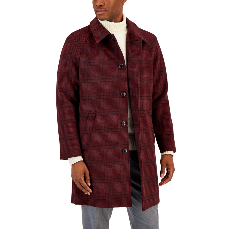 Alfani Mens Balmacaan Plaid Pattern Top Coat Jacket Merlot Red XL