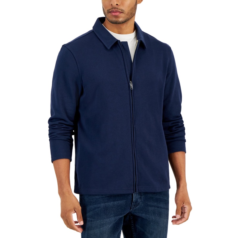 Alfani Mens Harrington French Terry Full Zip Front Jacket Neo Navy Large