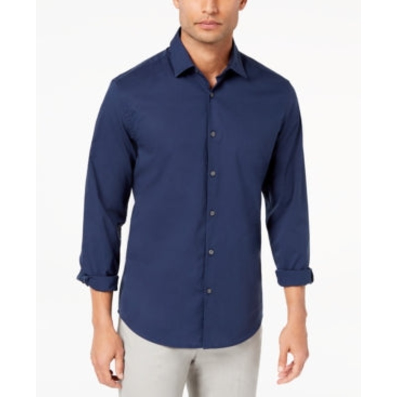 Alfani Mens Modern Solid Button Down Shirt Neo Navy Blue Large