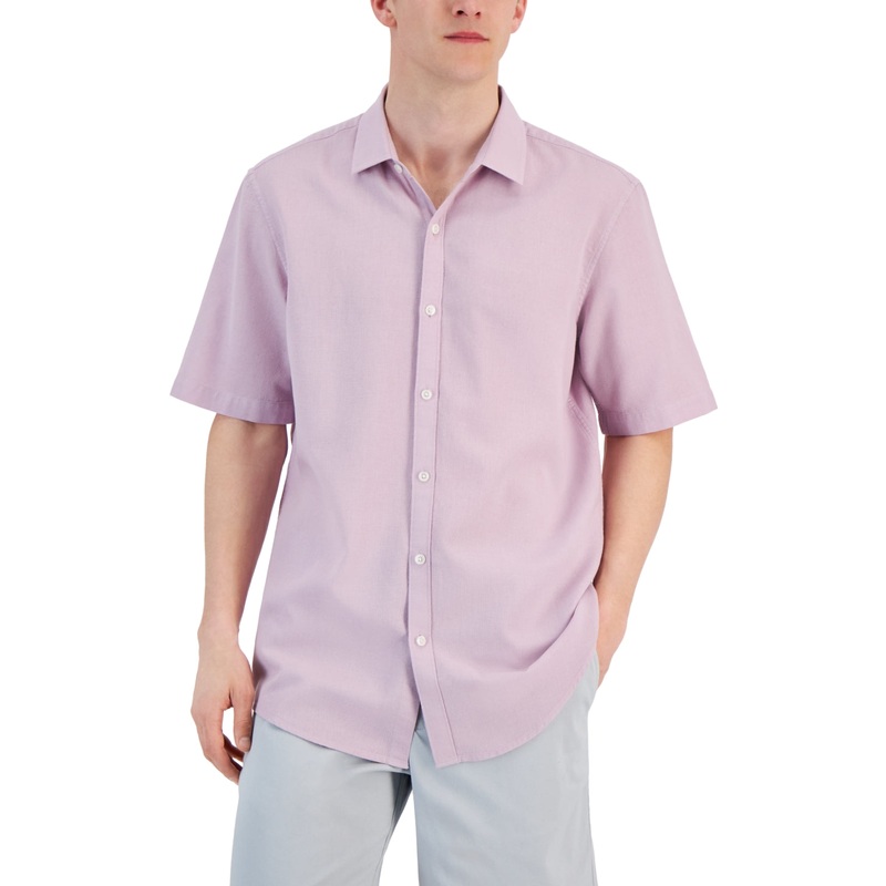Alfani Mens Short Sleeve Solid Textured Button Down Shirt Roxxy Grape Medium