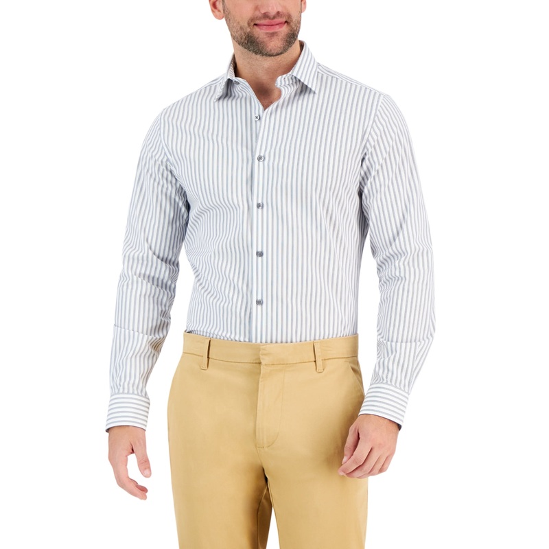Alfani Mens Slim Fit Button Down Shirt White Blue Large 16 16.5 32 33