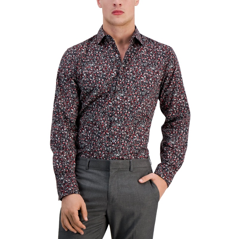 Bar III Men's Slim Fit Floral Print Button Down Shirt Black Red Small