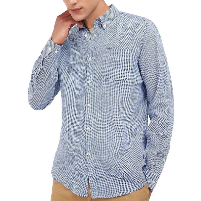 Barbour Mens Linton Long Sleeve Micro Check Pattern Shirt Blue Medium