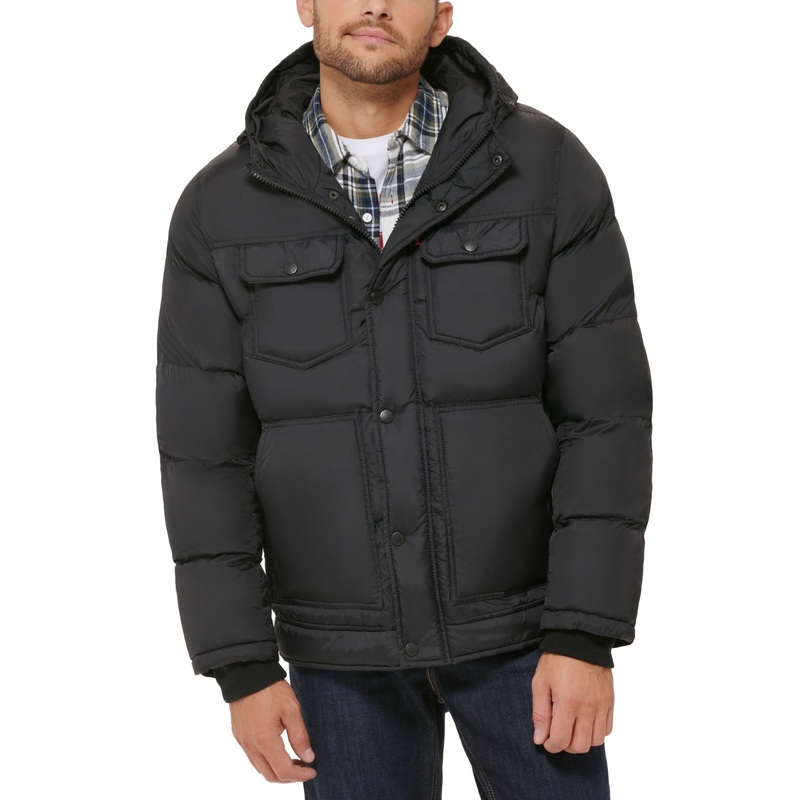 Levis Mens Black Puffer Hooded Jacket Coat Medium