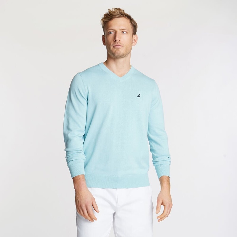 Nautica Men's Lightweight Jersey V Neck Sweater Mint Jade Heather Blue 2XL