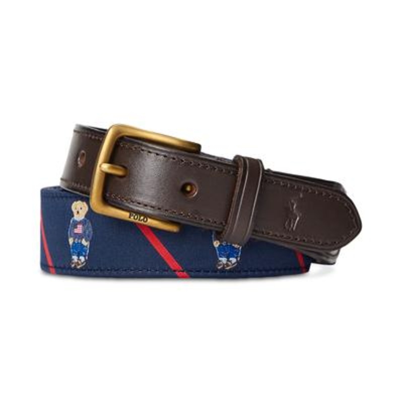 Polo Ralph Lauren Mens Polo Bear Leather Trim Belt Navy 36