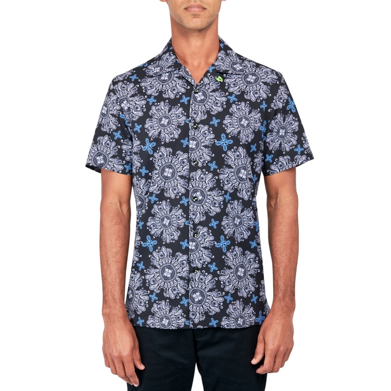 Society of Threads Mens Non Iron Medallion Print Button Down Shirt Black Large