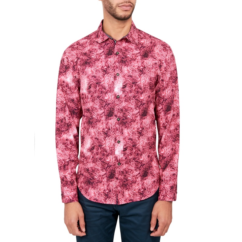 Society of Threads Mens Regular Fit Button Down Shirt Printed Per Pink Large