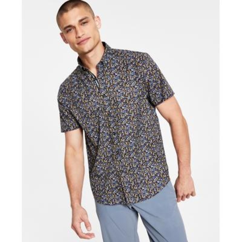 Society of Threads Mens Slim Fit Short Sleeve Button Down Shirt Black Medium