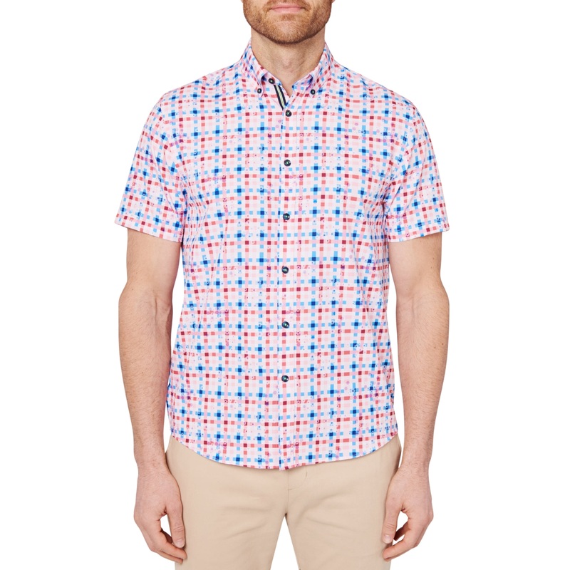 Society of Threads Mens Slim Fit Short Sleeve Button Down Shirt Floral Red Small