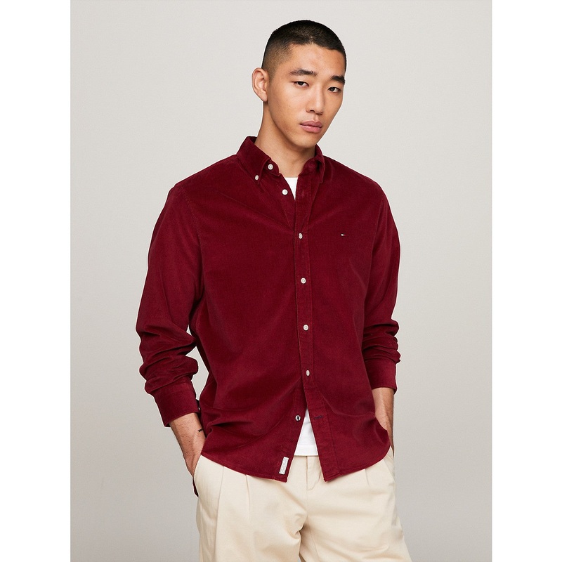 Tommy Hilfiger Men's Regular Fit Corduroy Button Down Shirt Red Rouge 2XL