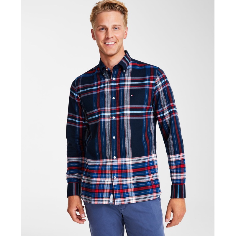 Tommy Hilfiger Mens Gradient Check Regular Fit Button Down Shirt Deep Indigo XL