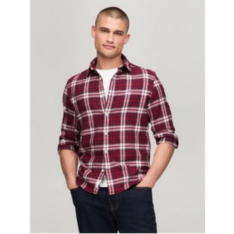 Tommy Hilfiger Mens Regular Fit Brushed Plaid Button Down Shirt  Rouge XL