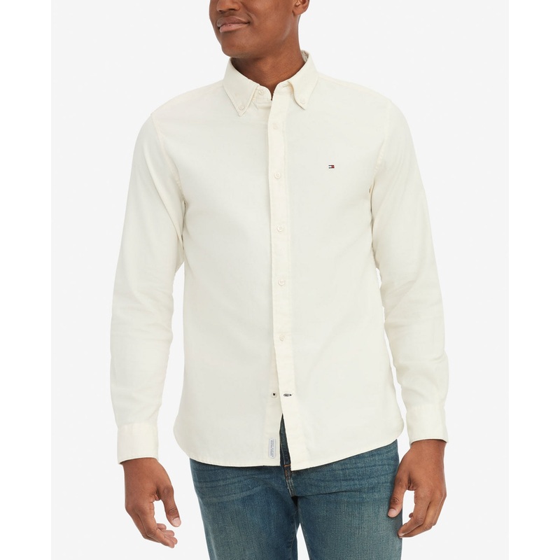Tommy Hilfiger Mens Regular Fit Flex Button Down Shirt Ecru Small