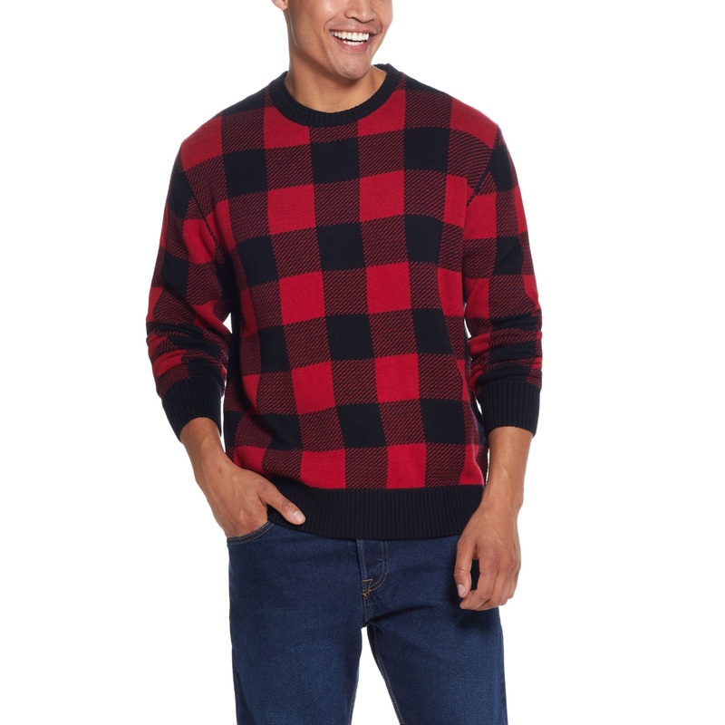 Vintage Weatherproof Mens Plaid Crewneck Sweater Red Medium