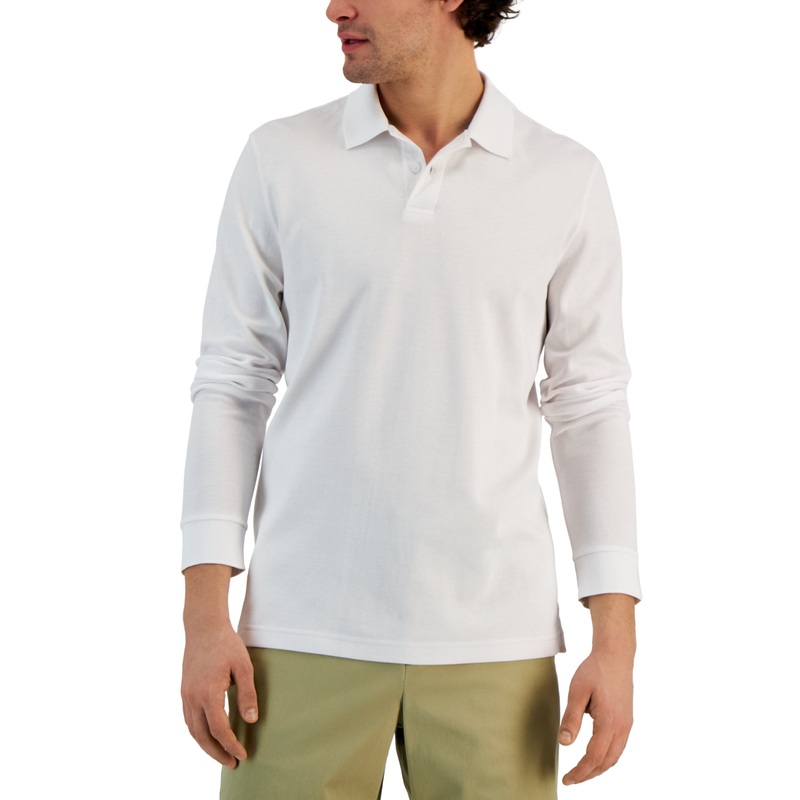 Alfani Mens Classic Fit Solid Long Sleeve Polo Shirt  Bright White Medium