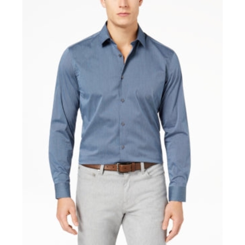 Alfani Mens Modern Striped Button Down Shirt Neo Navy Blue Medium