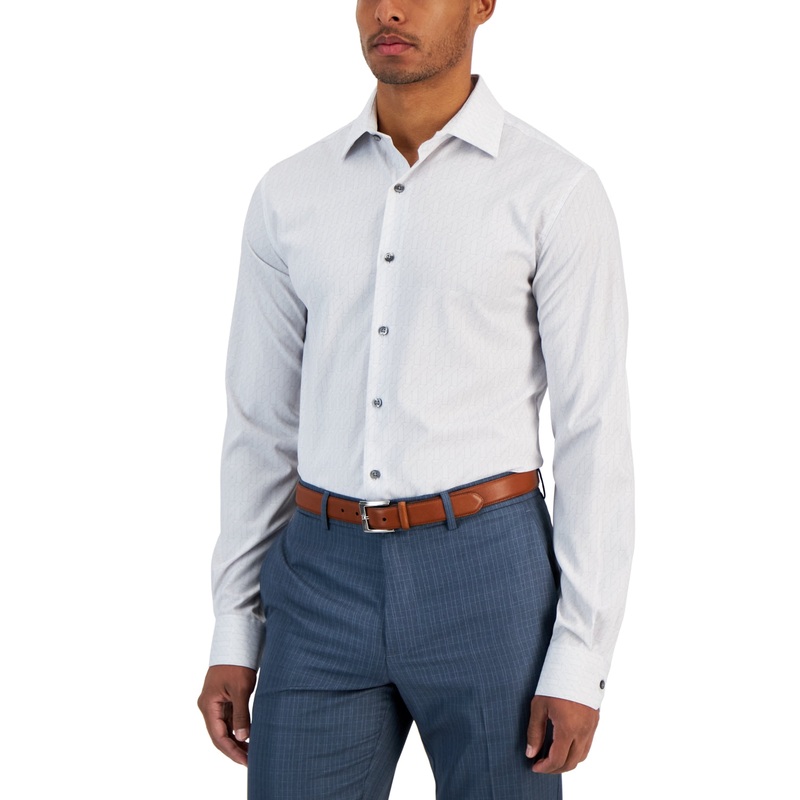 Alfani Mens Slim Fit Geo Print Button Down Dress Shirt White Grey 17 17.5 36 37