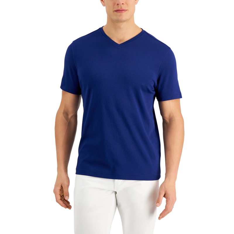 Alfani Mens V Neck Short Sleeve T Shirt Pompador Blue Large